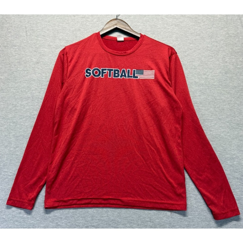 Sport-Tek Performance Shirt Mens Small Red Softball US flag Graphic Crew Neck